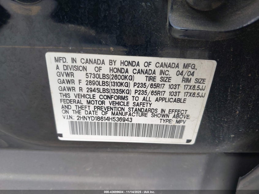 2HNYD18614H536943 2004 ACURA MDX photo no. 9