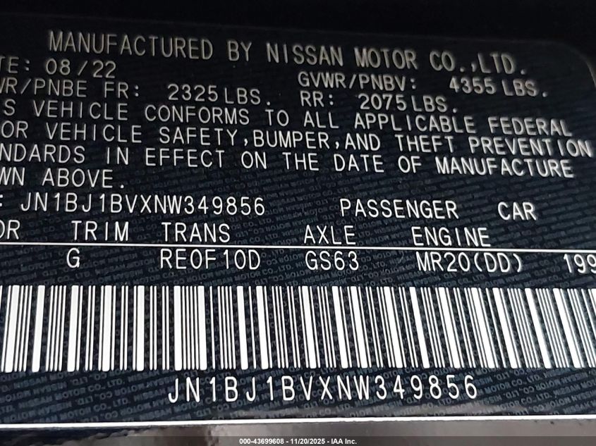 2022 Nissan Rogue Sport Sv VIN: JN1BJ1BVXNW349856 Lot: 43699608