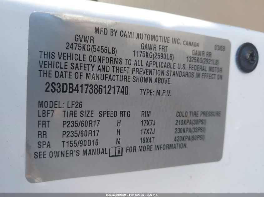 2008 Suzuki Xl7 Luxury VIN: 2S3DB417386121740 Lot: 43699609