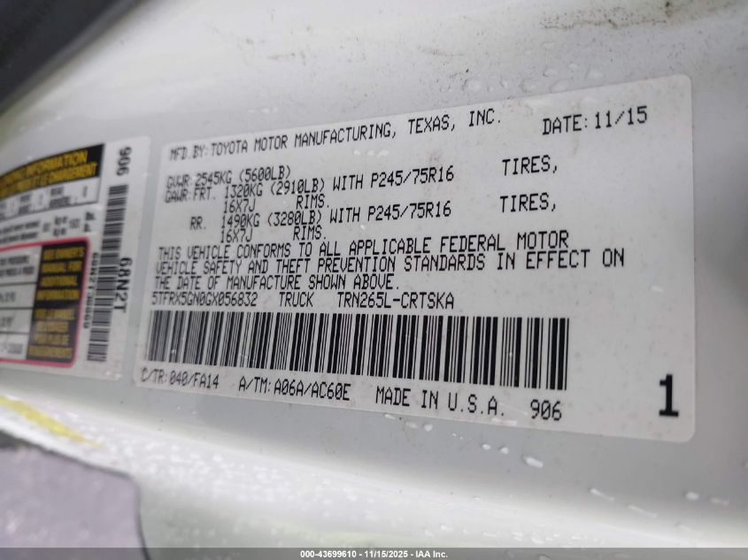 2016 Toyota Tacoma Sr VIN: 5TFRX5GN0GX056832 Lot: 43699610