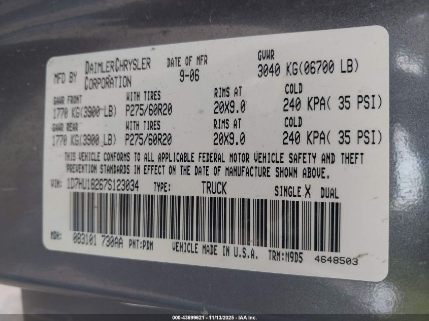 2007 Dodge Ram 1500 Slt/Trx4 Off Road/Sport VIN: 1D7HU18267S123034 Lot: 43699621