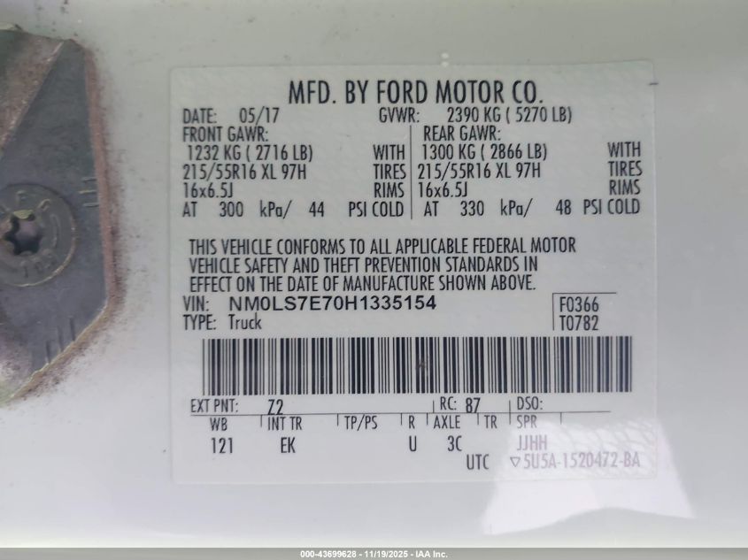 2017 Ford Transit Connect Xl VIN: NM0LS7E70H1335154 Lot: 43699628