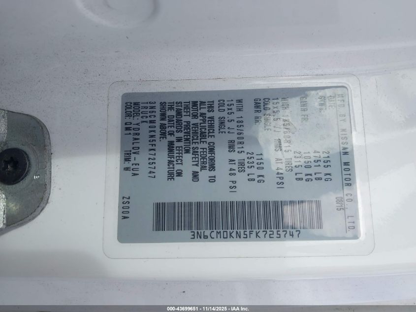 2015 Nissan Nv200 S/Sv VIN: 3N6CM0KN5FK725747 Lot: 43699651