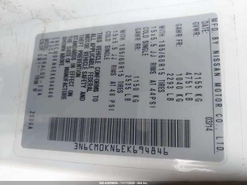 2014 Nissan Nv200 S/Sv VIN: 3N6CM0KN6EK694846 Lot: 43699654