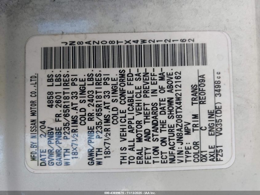 2004 Nissan Murano Sl VIN: JN8AZ08TX4W212162 Lot: 43699675