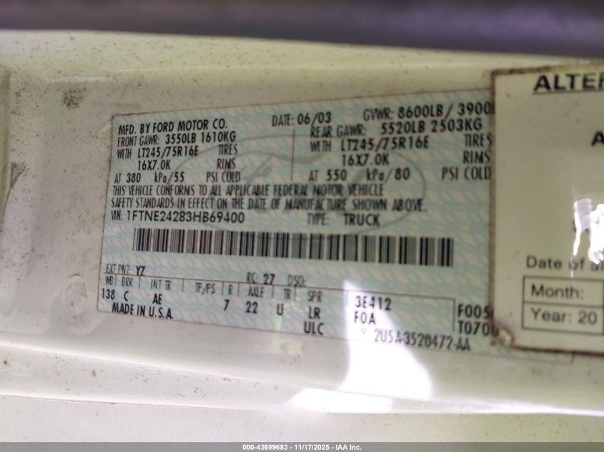 2003 Ford E-250 Commercial VIN: 1FTNE24283HB69400 Lot: 43699683