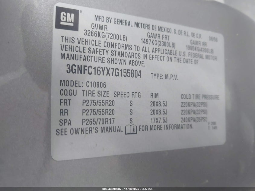 2007 Chevrolet Suburban 1500 Ltz VIN: 3GNFC16YX7G155804 Lot: 43699687