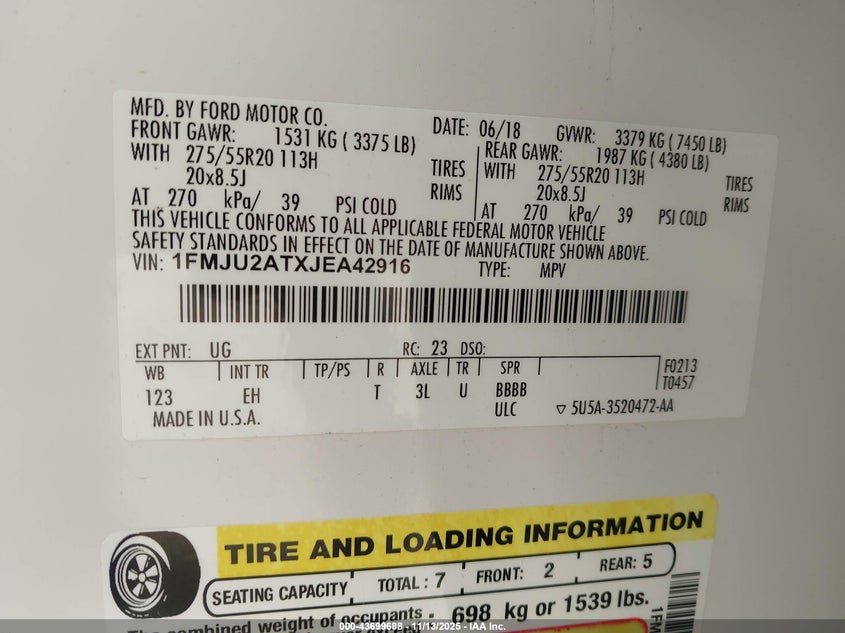 2018 Ford Expedition Limited VIN: 1FMJU2ATXJEA42916 Lot: 43699688