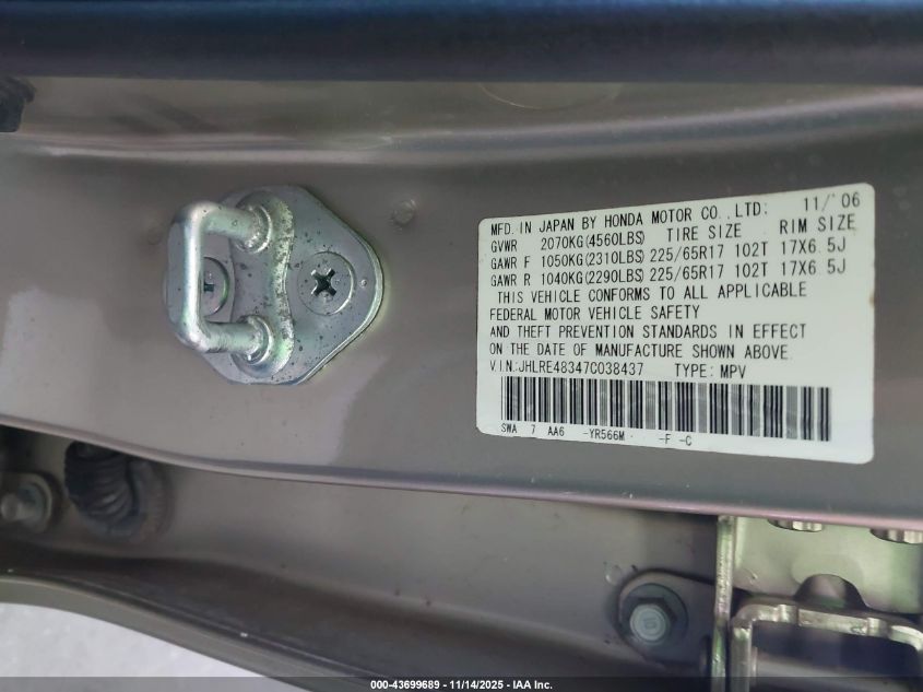 2007 Honda Cr-V Lx VIN: JHLRE48347C038437 Lot: 43699689