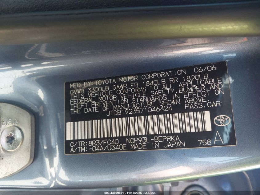 2007 Toyota Yaris S VIN: JTDBT923571046424 Lot: 43699691