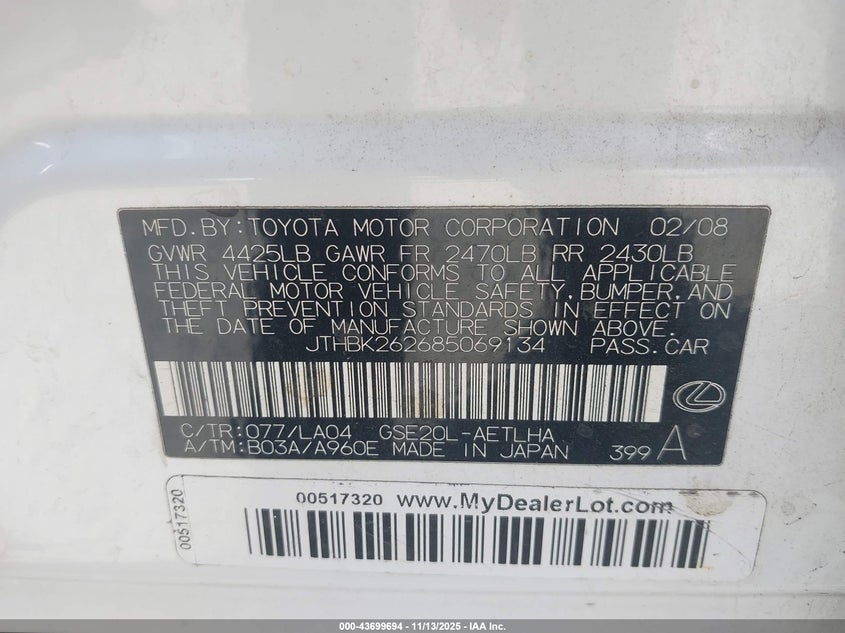 2008 Lexus Is 250 VIN: JTHBK262685069134 Lot: 43699694