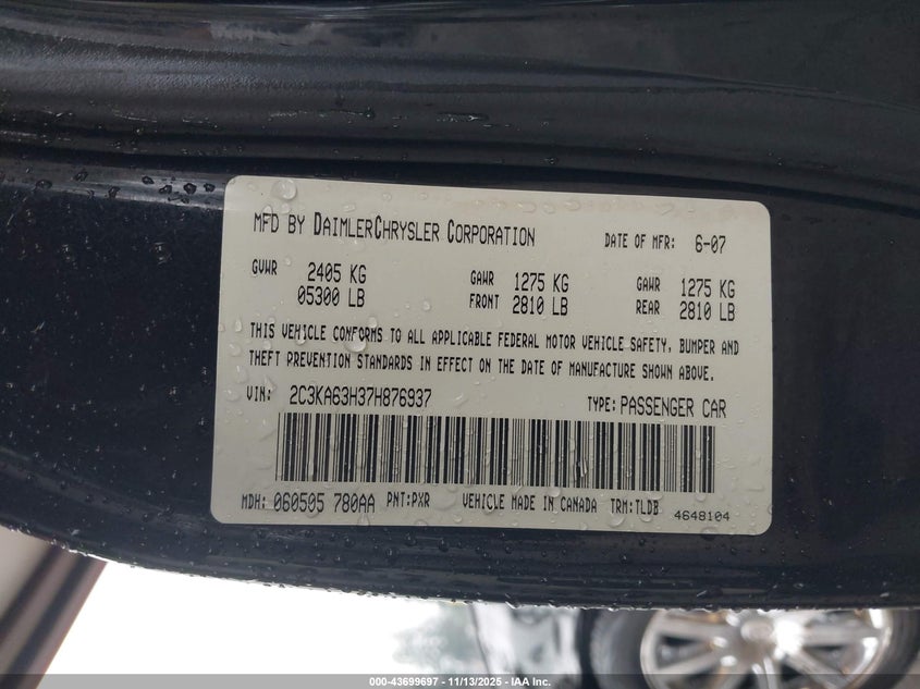 2007 Chrysler 300C VIN: 2C3KA63H37H876937 Lot: 43699697