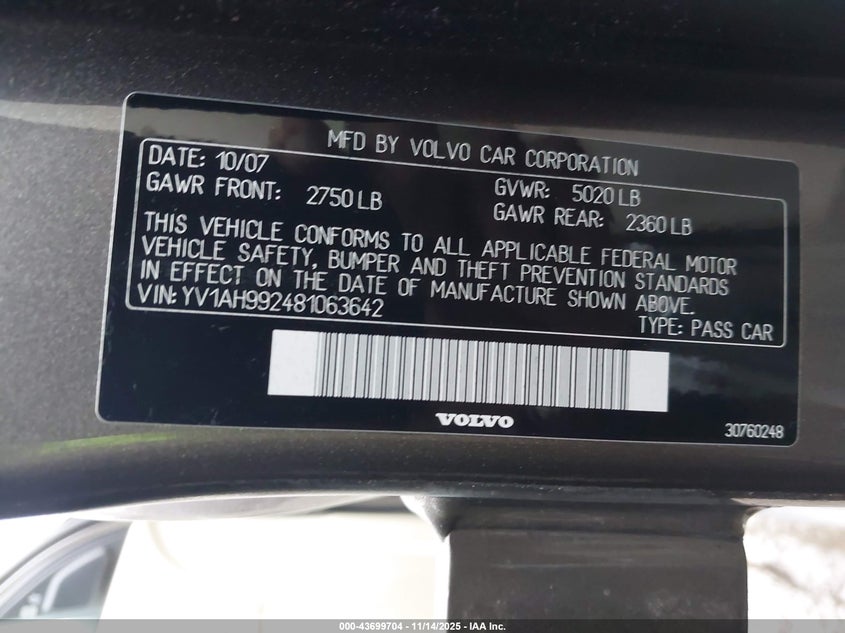 2008 Volvo S80 T6 VIN: YV1AH992481063642 Lot: 43699704