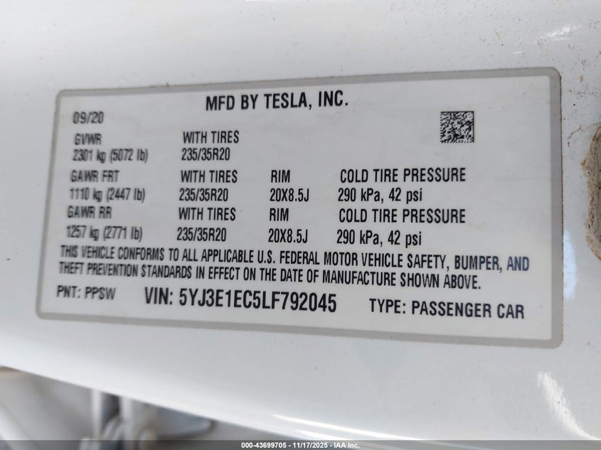 2020 Tesla Model 3 Performance Dual Motor All-Wheel Drive VIN: 5YJ3E1EC5LF792045 Lot: 43699705