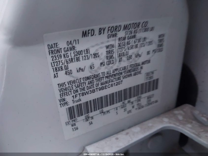 2011 Ford F-350 Lariat VIN: 1FT8W3BT9BEC61207 Lot: 43699714