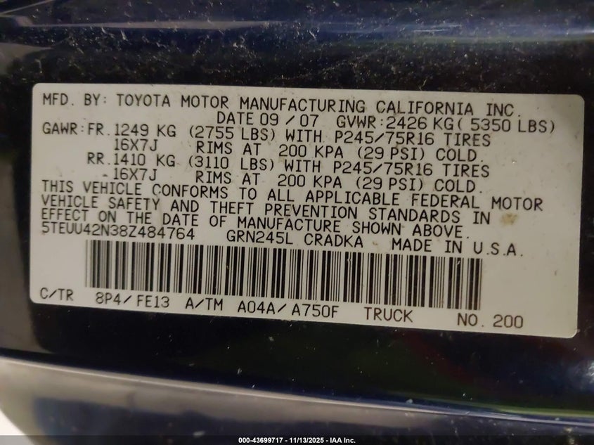 2008 Toyota Tacoma Base V6 VIN: 5TEUU42N38Z484764 Lot: 43699717