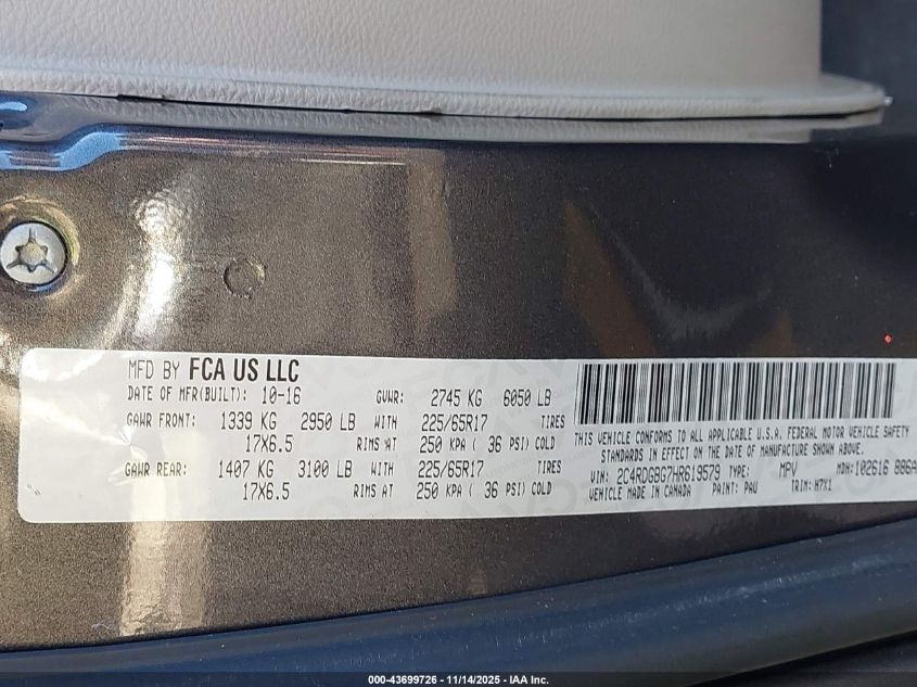 2017 Dodge Grand Caravan Se VIN: 2C4RDGBG7HR619579 Lot: 43699726