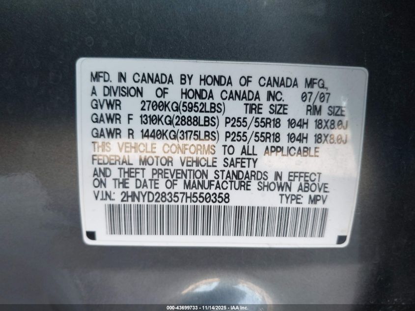 2007 Acura Mdx Technology Package VIN: 2HNYD28357H550358 Lot: 43699733