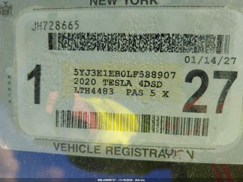 2020 Tesla Model 3 Long Range Dual Motor All-Wheel Drive VIN: 5YJ3E1EB0LF588907 Lot: 43699737
