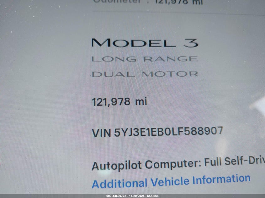 2020 Tesla Model 3 Long Range Dual Motor All-Wheel Drive VIN: 5YJ3E1EB0LF588907 Lot: 43699737