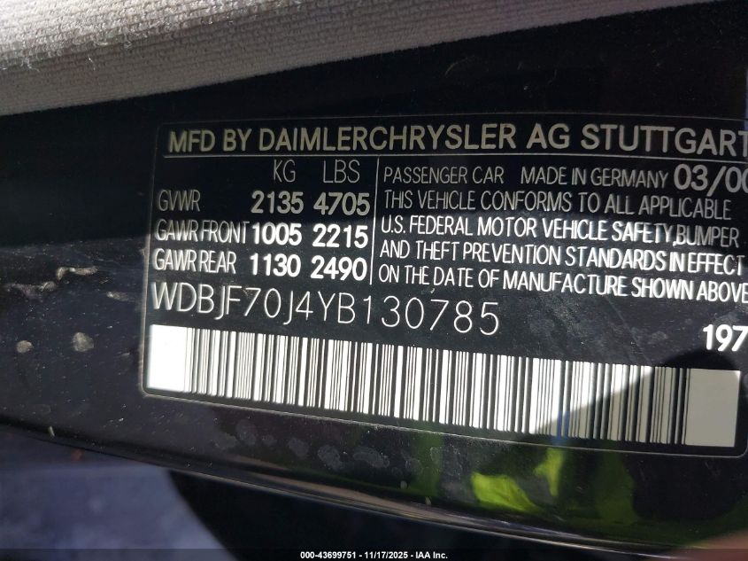 2000 Mercedes-Benz E 430 VIN: WDBJF70J4YB130785 Lot: 43699751