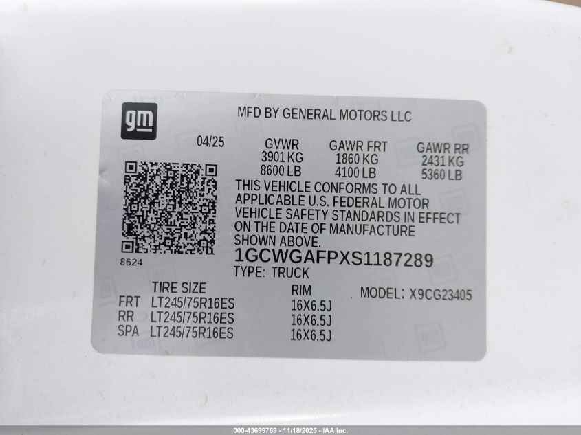 2025 Chevrolet Express Cargo Rwd 2500 Regular Wheelbase Wt VIN: 1GCWGAFPXS1187289 Lot: 43699769