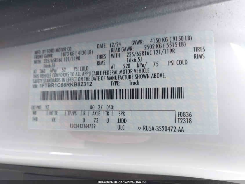 2024 Ford Transit-250 VIN: 1FTBR1C86RKB82312 Lot: 43699788