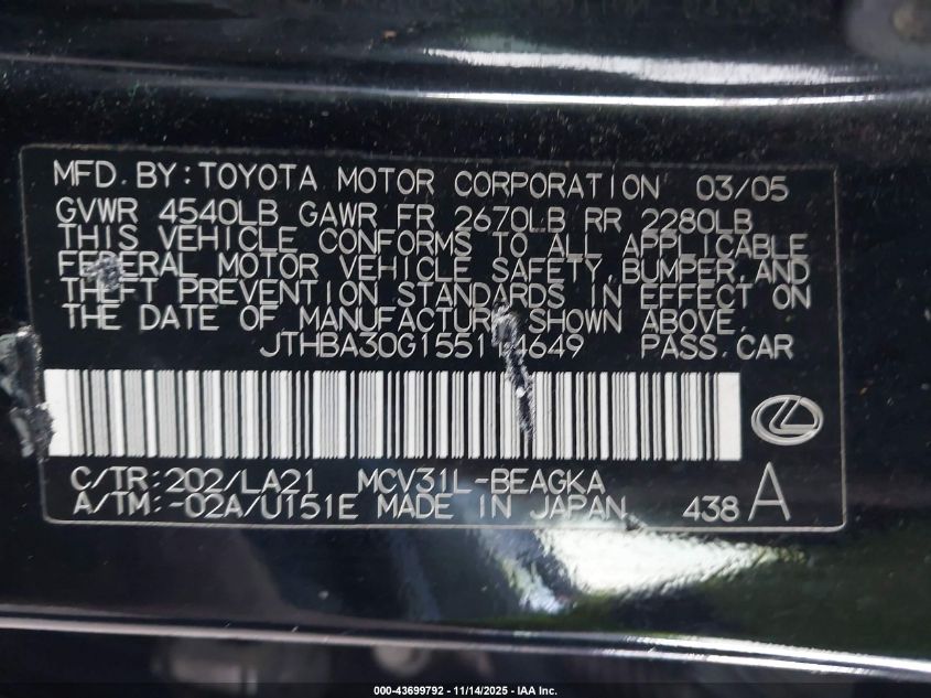 2005 Lexus Es 330 VIN: JTHBA30G155114649 Lot: 43699792