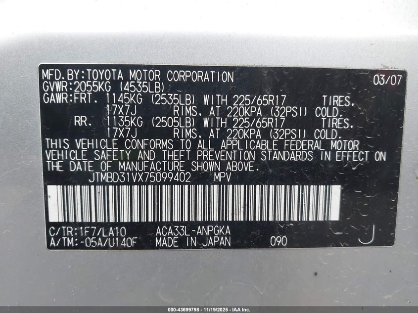 2007 Toyota Rav4 Limited VIN: JTMBD31VX75099402 Lot: 43699798