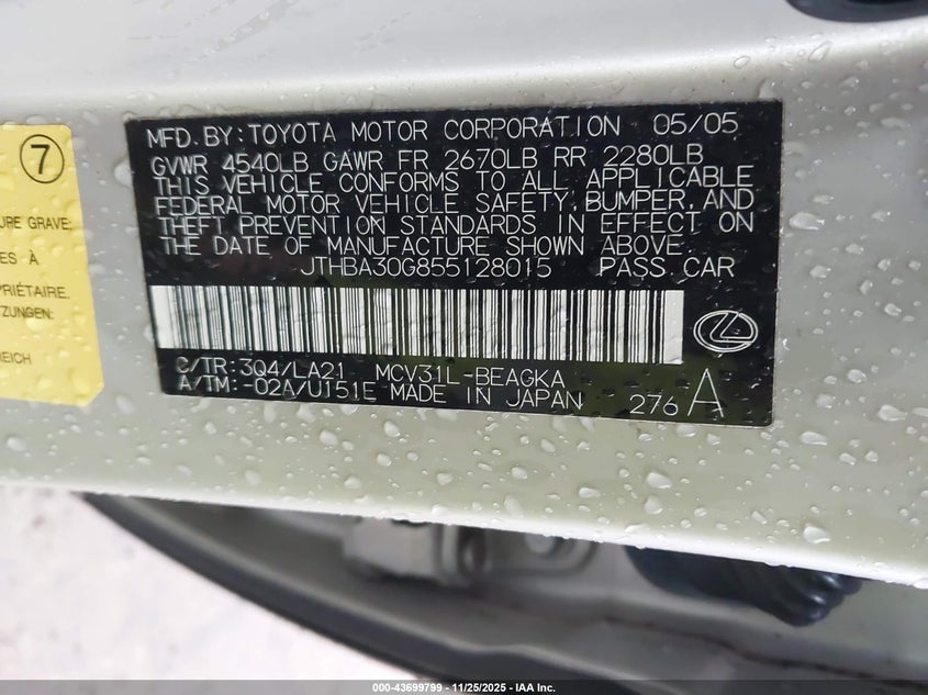 2005 Lexus Es 330 VIN: JTHBA30G855128015 Lot: 43699799