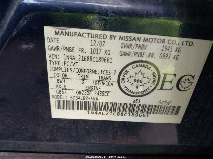 2008 Nissan Altima 2.5 S VIN: 1N4AL21E88C189661 Lot: 43699800