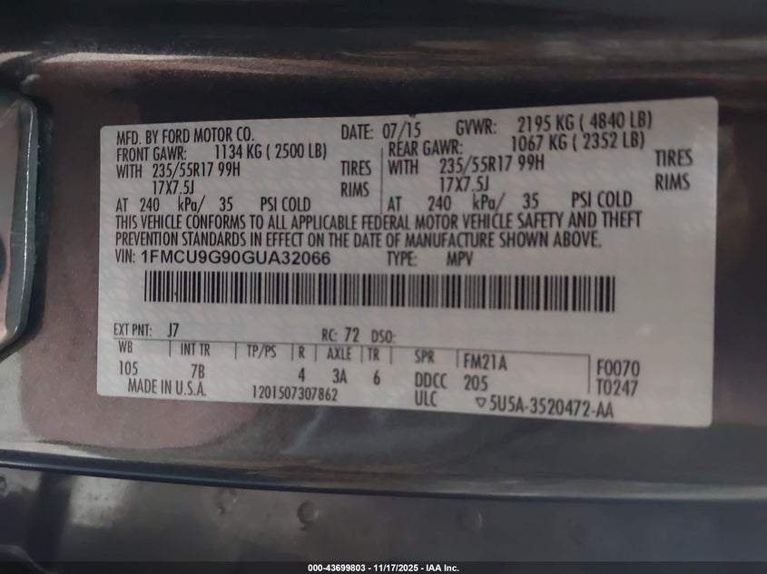 2016 Ford Escape Se VIN: 1FMCU9G90GUA32066 Lot: 43699803