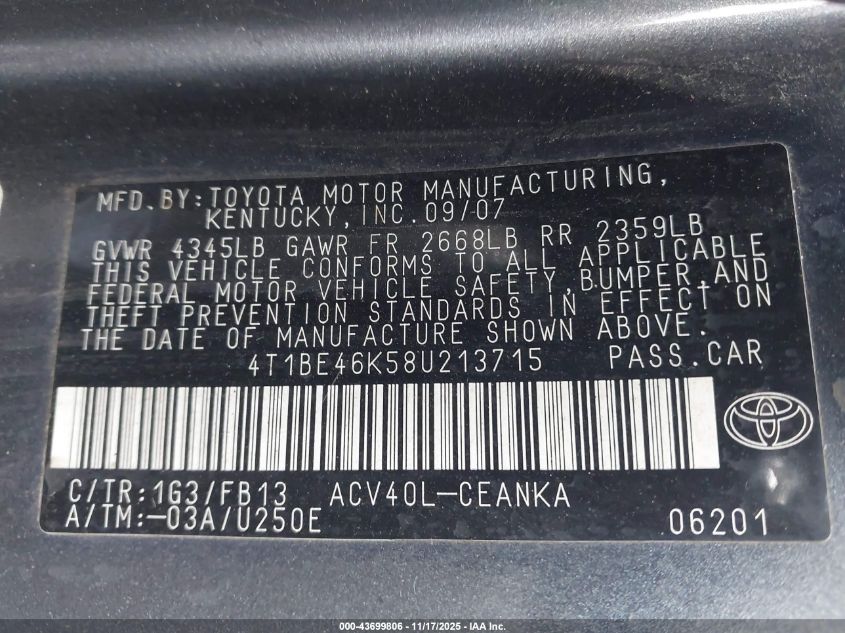 2008 Toyota Camry Le VIN: 4T1BE46K58U213715 Lot: 43699806