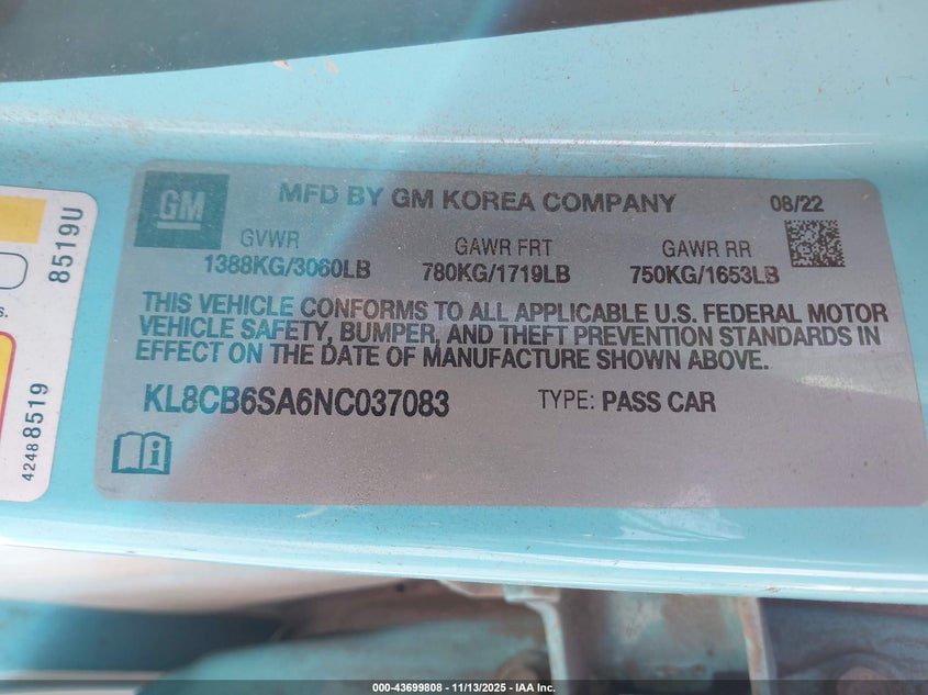 2022 Chevrolet Spark Fwd Ls Automatic VIN: KL8CB6SA6NC037083 Lot: 43699808