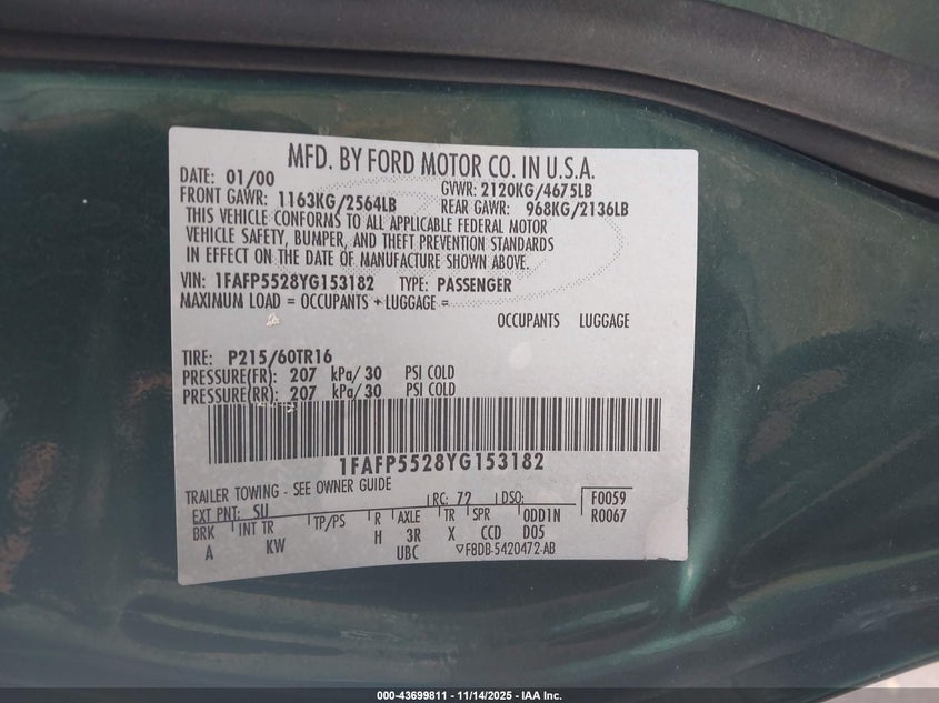 2000 Ford Taurus Ses VIN: 1FAFP5528YG153182 Lot: 43699811