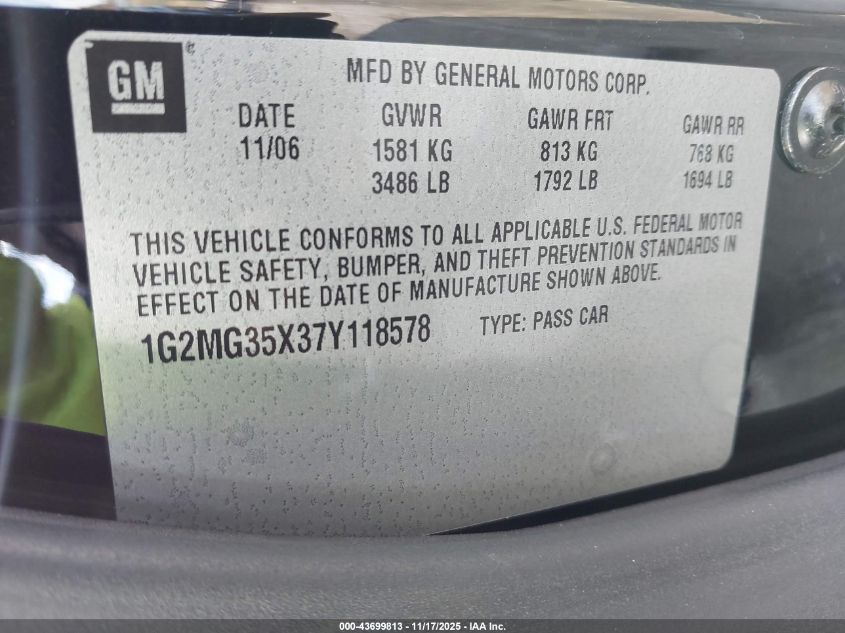 2007 Pontiac Solstice Gxp VIN: 1G2MG35X37Y118578 Lot: 43699813