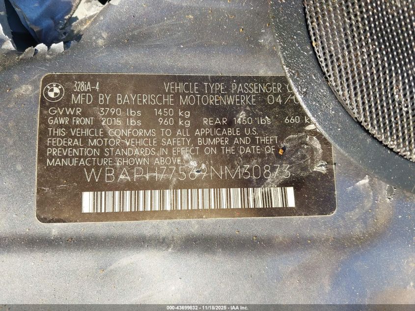 2009 BMW 328I VIN: WBAPH77569NM30873 Lot: 43699832