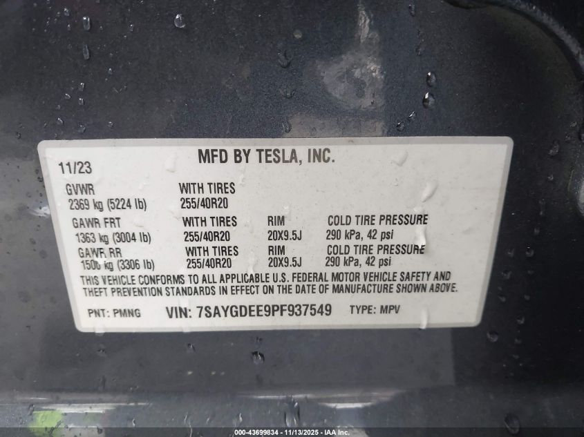 2023 Tesla Model Y Awd/Long Range Dual Motor All-Wheel Drive VIN: 7SAYGDEE9PF937549 Lot: 43699834
