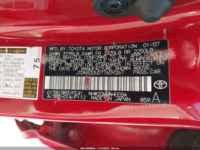 2007 Toyota Prius VIN: JTDKB20U077609267 Lot: 43699838