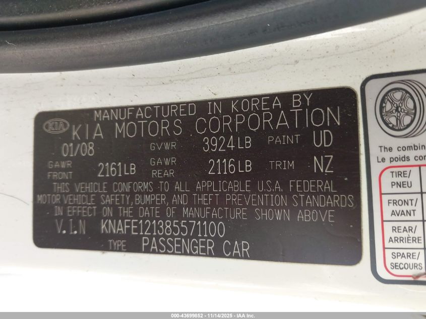 2008 Kia Spectra Ex VIN: KNAFE121385571100 Lot: 43699852