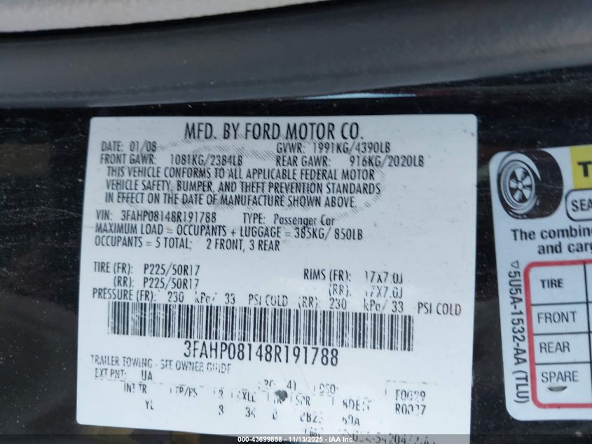 2008 Ford Fusion Sel VIN: 3FAHP08148R191788 Lot: 43699858