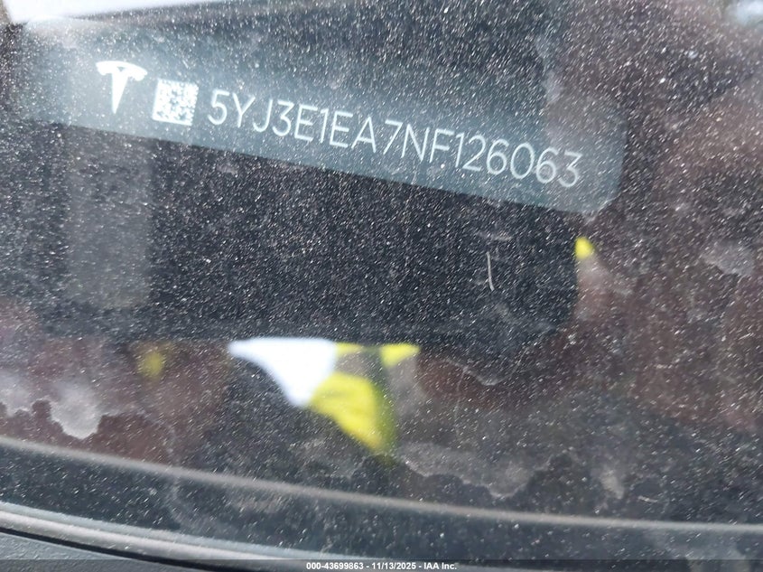 2022 Tesla Model 3 Rear-Wheel Drive VIN: 5YJ3E1EA7NF126063 Lot: 43699863