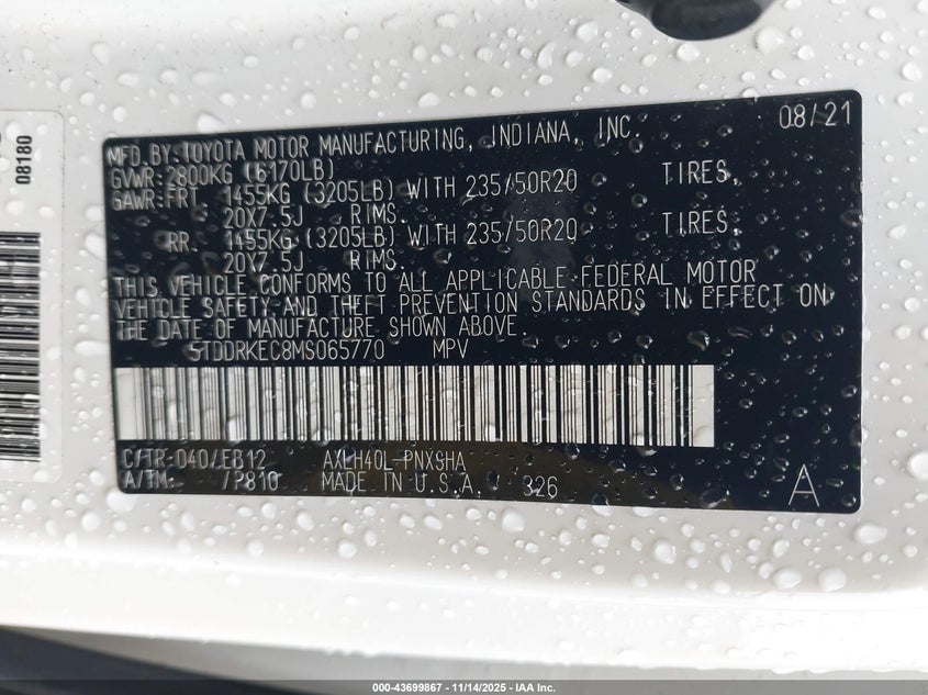 2021 Toyota Sienna Xse VIN: 5TDDRKEC8MS065770 Lot: 43699867