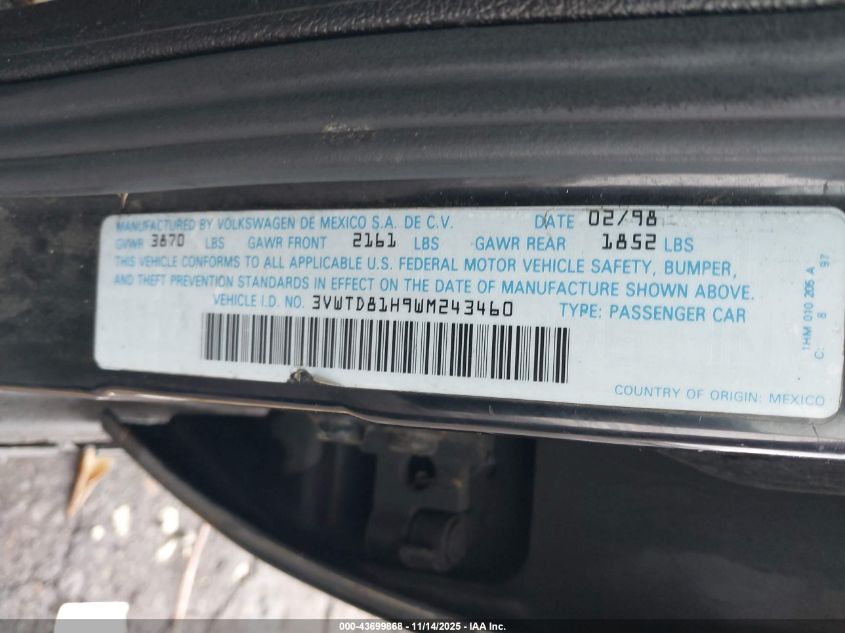 1998 Volkswagen Jetta Glx VIN: 3VWTD81H9WM243460 Lot: 43699868