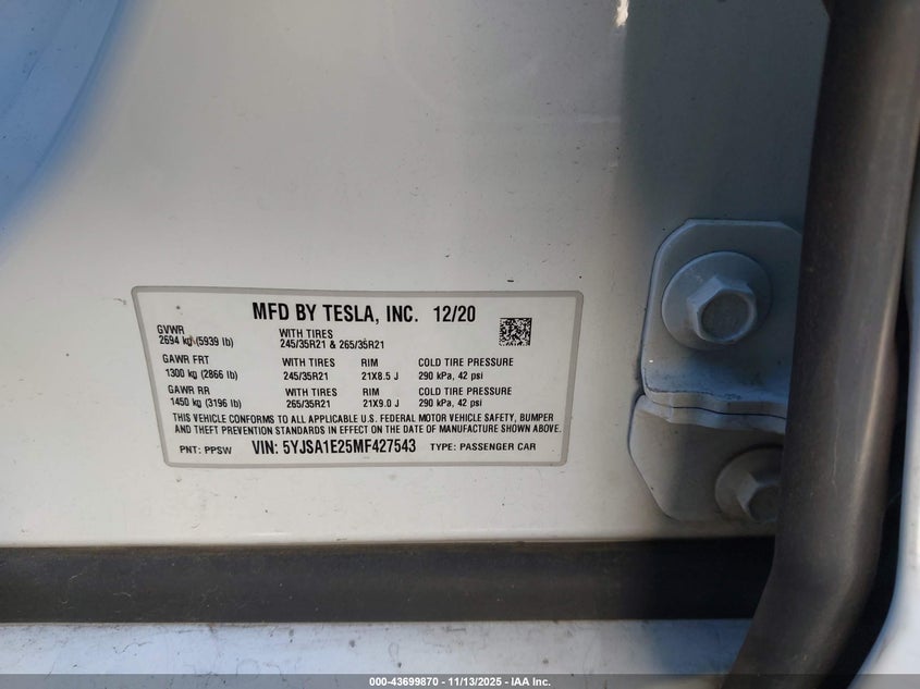 2021 Tesla Model S Long Range Dual Motor All-Wheel Drive/Long Range Plus Dual Motor All-Wheel Drive VIN: 5YJSA1E25MF427543 Lot: 43699870