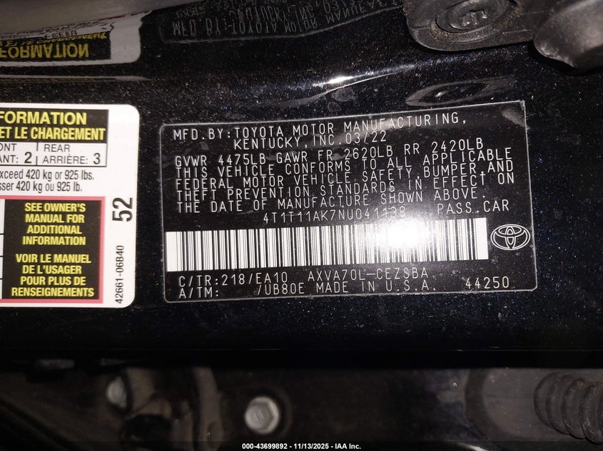 4T1T11AK7NU041138 2022 TOYOTA CAMRY photo no. 9
