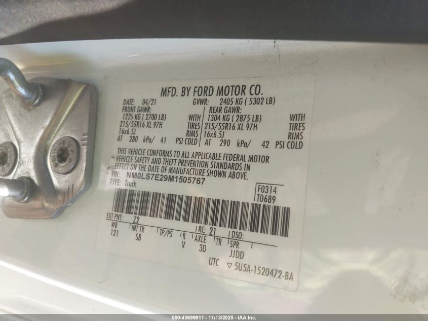 2021 Ford Transit Connect Xl VIN: NM0LS7E29M1505767 Lot: 43699911