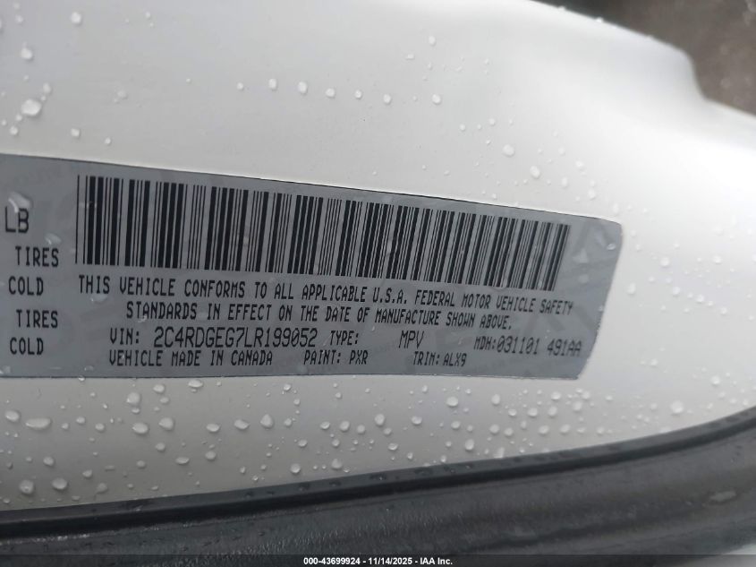 2020 Dodge Grand Caravan Gt VIN: 2C4RDGEG7LR199052 Lot: 43699924