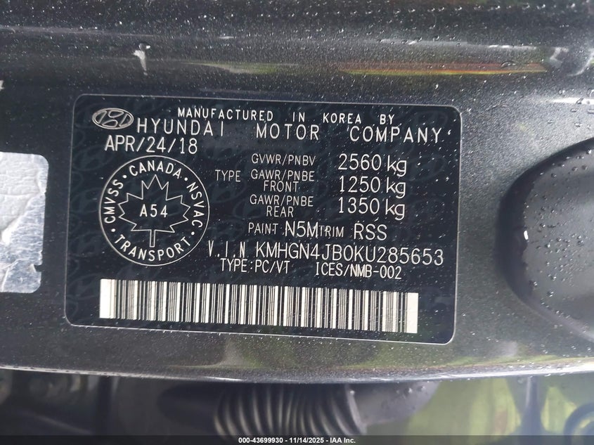 2019 Genesis G80 3.3T Sport VIN: KMHGN4JB0KU285653 Lot: 43699930