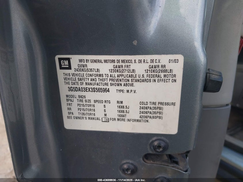 2003 Buick Rendezvous Cx VIN: 3G5DA03EX3S565964 Lot: 43699936